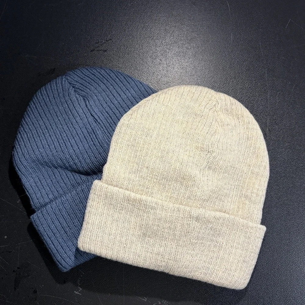 Moon Kitty Rib‎ Knit Cuffed Beanie Hat Blue Oatmeal Winter Cap Unisex 2 Pk Small